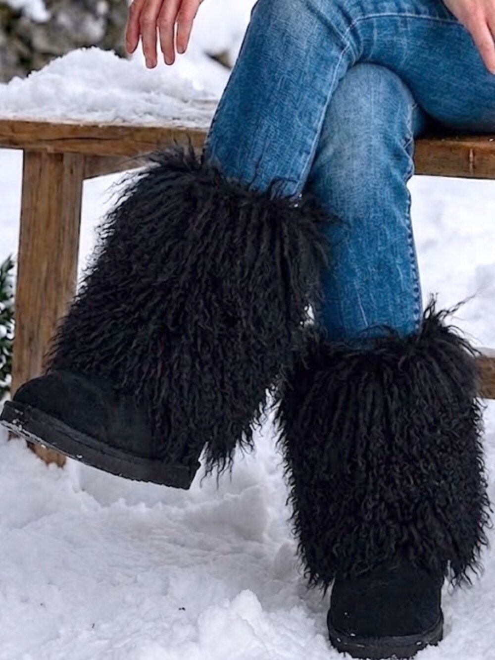 Bearpaw Boetis Black Curly Lamb Fur Sheepskin Lined Sherpa Boho Boots 7 NEW